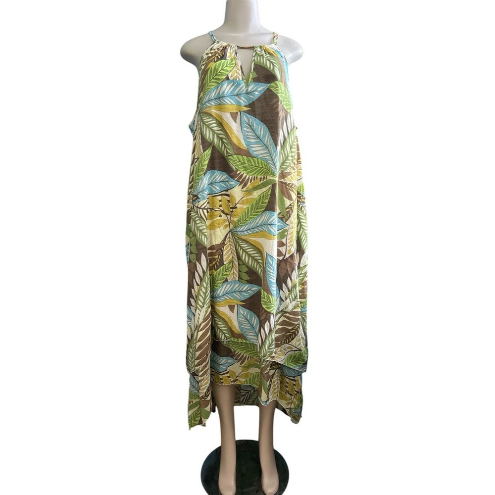 Mlle Gabrielle Tropical Leaf Maxi Dress in Green, Blue & Brown Plus Size 2X